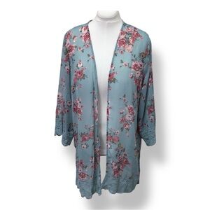 Rewind Juniors Open Front Kimono Lace Trim Semi-Sheer Boho-Chic Blue Floral XXL